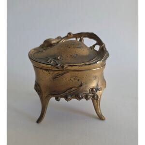 Vintage Brass Tone Footed Trinket Box Art Nouveau Style w Lined Interior